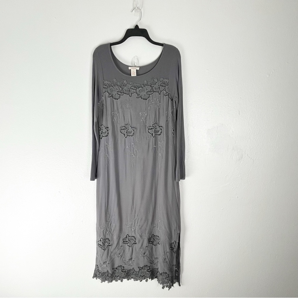 SUNDANCE Gray Long Sleeves Floral Embroidered Lace Trim Midi Dress, Size 6
